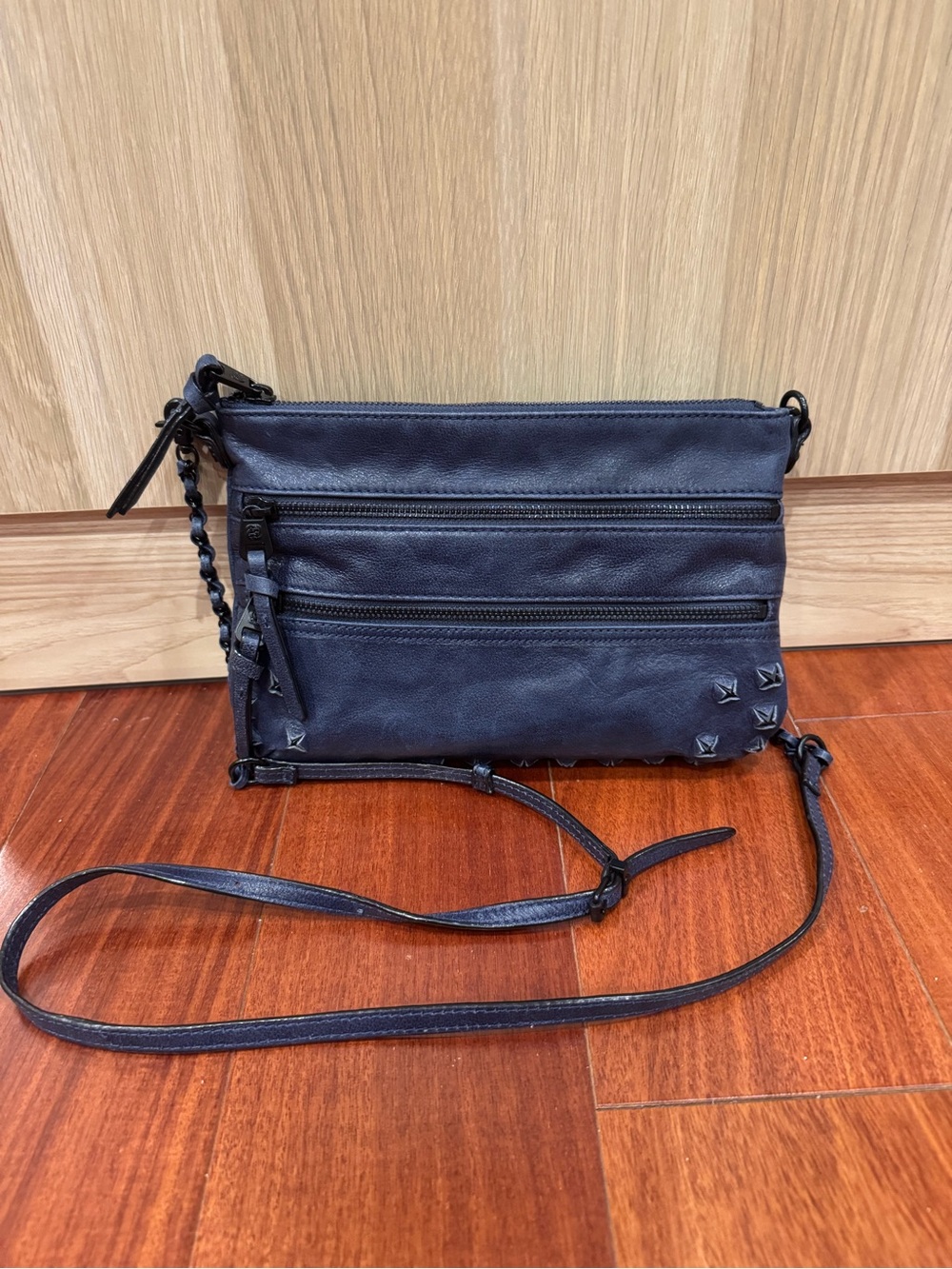 Elliott Lucca Navy Leather Crossbody with Stud Accents